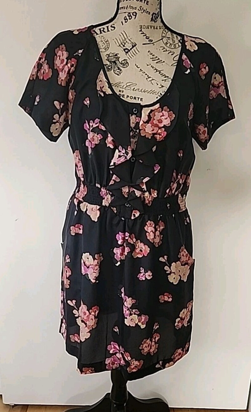 Juicy Couture Floral Black Pink Dress 100% Silk size M Elastic Waist Hand Pocket